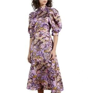 NWT Ted Baker Hariat 100% Silk Midi Dress Floral Puff Sleeve Open Back Purple 2